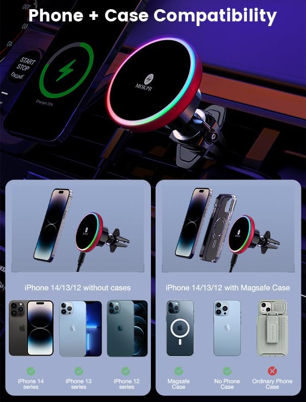 for Magsafe Car Mount Charger 15W LED RGB Car Phone Holder for Dash Vent - Image 3