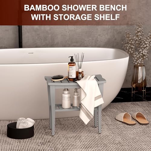 Bamboo Shower Bench Stool with Storage Shelf, Waterproof Shower Chair Spa Bath Seat, Shower Stool for Inside, Bathroom Bench Seat for Adults Elderly Seniors for Indoor or Outdoor Use(Gray) - Image 2