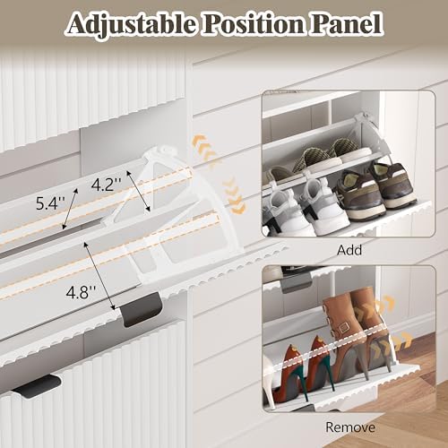 Shoe Cabinet Storage for Entryway with 3 Flip Drawers, Fluted Narrow Shoe Organizer with Wooden Legs, Freestanding Slim Shoe Storage Hidden Shoe Rack Organizer for Front Door Entrance, Hallway, White - Image 5