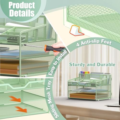 Docnest 3 Tier Mesh Desk Organizer with Letter Tray & Paper Sorter, Green - Image 5