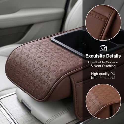 Car Armrest Cushion, Center Console Cover Pad with Cup Holder, Storage Box & Card Organizer, Breathable Pattern Armrest Support Pad, Universal for Most Cars SUVs Trucks (Coffee) - Image 3