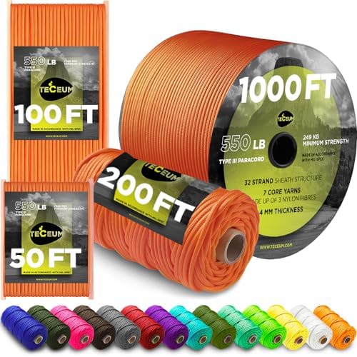 Paracord Rope 550 lb 4mm – Parachute Cord – Utility Camping Rope by TECEUM