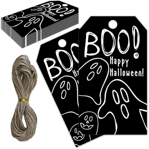 Black Halloween Paper Gift Tags with String-50Pcs, Happy Halloween Cute Ghost Boo Tags for Goodie Bags, 2 x 3.5 Inch Writable Waterproof Hanging Labels for Decor Party Supplies, Gift Wrapping-B09 by RPLCSPC