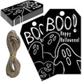 Black Halloween Paper Gift Tags with String-50Pcs, Happy Halloween Cute Ghost Boo Tags for Goodie Bags, 2 x 3.5 Inch Writable Waterproof Hanging Labels for Decor Party Supplies, Gift Wrapping-B09 by RPLCSPC