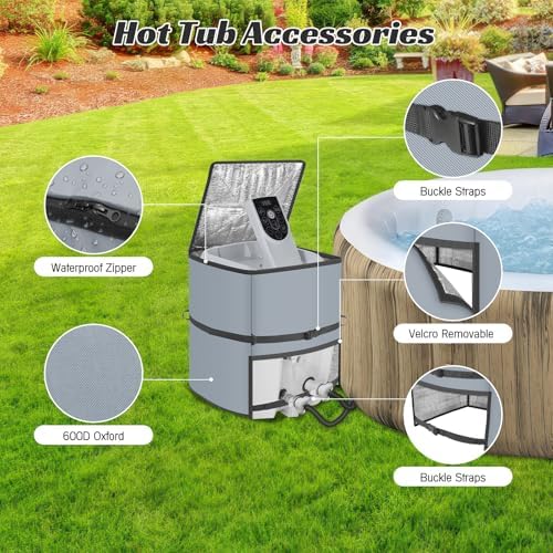 Hot Tub Pump Cover, Waterproof Insulated Heater Protection for Inflatable Spa Equipment, 600D Oxford Fabric Weather Shield Compatible with SaluSpa Coleman Bestway Outdoor Accessories,Grey,Square - Image 5