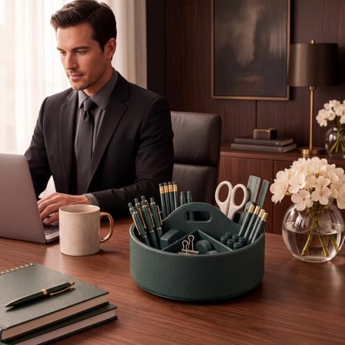 Aesthetic PU Leather Rotating Desk Storage Organizer, Green - Image 3