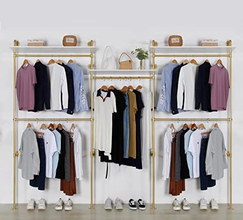 Industrial Pipe Clothing Rack Wall Mounted 5 Hanging Rods Garment Bar with Storage Shelf, Heavy Duty Metal Clothes Racks Closet System for Hanging Clothes Retail Display (Gold) by EDCB