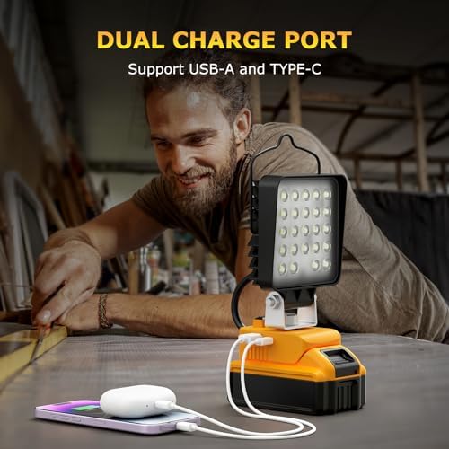 2 Pcs Cordless LED Work Light for Dewalt 20v Max Battery, 112W 11200LM Battery Light for Dewalt 20v Tools, Portable Outdoors Flood Lighting with USB & Type-C Charging Port, Low Voltage Protection - Image 2
