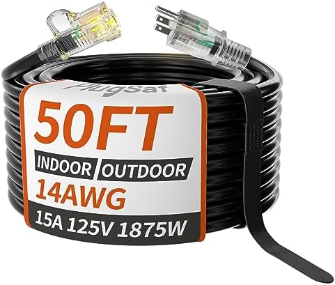 PlugSaf 14/3 Gauge 50 FT Extension Cord Outdoor, Heavy Duty Extension Cord by PlugSaf