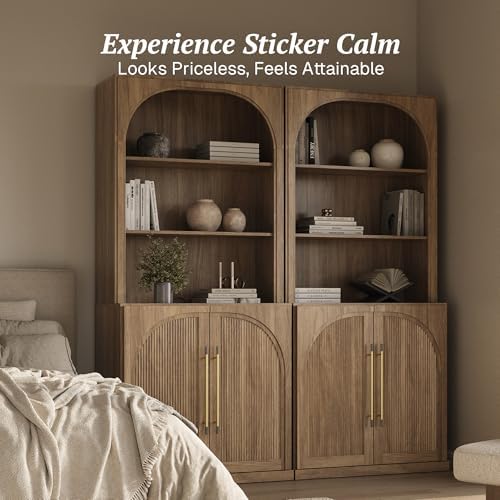 BELLEZE Storage Cabinet with Hutch Set of 2, 72" Tall Modern Wood Sideboard with 3-Tier Shelves, Curved Styling Door Cabinet Curio Cabinet for Office, Study, Kitchen, Living Room, Camel - Image 4