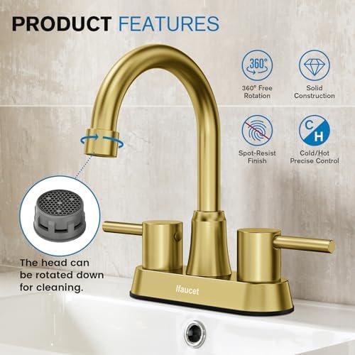 Gold Bathroom Faucet, Brushed Gold Bathroom Faucet, Gold Faucets for Bathroom Vanity, 4 Inch 2 Handle Centerset, Lead-Free, with Copper Pop Up Drain (Brushed Gold) - Image 3