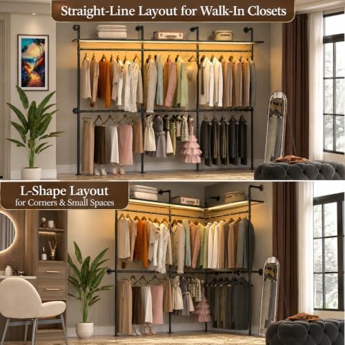 Besiost 118" Industrial Pipe Clothing Rack with RGB LED Lights, Heavy Duty Wall Mounted Closet System with Shelves, Reversible L-Shaped or Straight Garment Rack for Walk-in Closet & Bedroom, Black - Image 4