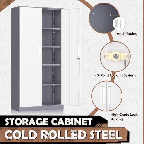 INTERGREAT Metal Storage Cabinet, 72” H Storage Cabinet with Doors and Adjustable Shelves for Office, Home, Garage, Pantry (Assembly Required, Grey White) - Image 4
