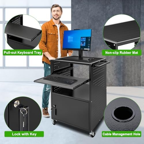 AV Cart, Computer Carts with Wheels and Power, Steel Cart with Locking Cabinet & Pullout Keyboard Tray, Projector Media Carts with Side Pegboard & 12 Hooks for School Office, Black - Image 5
