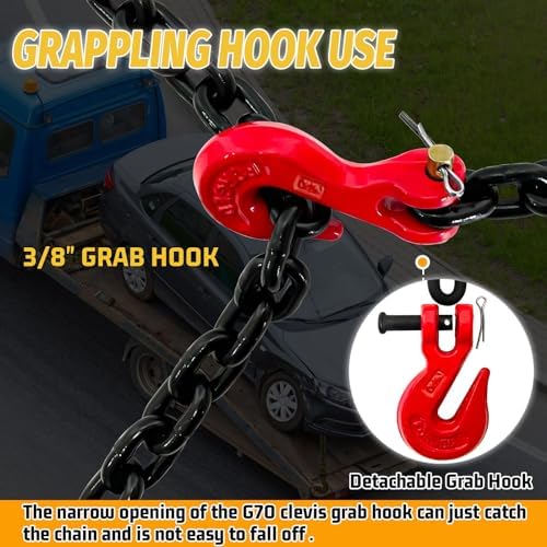 3/8" Transport Binder Chain-G80 Heavy Duty Log Chain with G70 Hooks Wll 7100 lbs|10FT Safety Tow Chains Towing Trailer Extension|Secure Working Load for Tie-Down&Lifting&Flatbed (EP Black) - Image 3