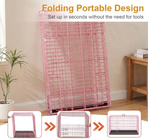 FDW | 42" Foldable Metal Dog Crate | Pastel Pink | Cage for Medium Dogs - Image 4
