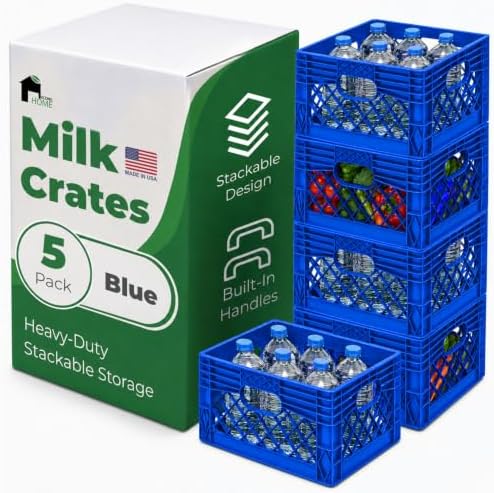 EconoHome Milk Crate - Stackable Storage Crate with Built-In Handles - Heavy Duty Plastic Material - Ventilated Organizer Bin for Garage, Pantry, Classroom, Office & Moving - Blue, 13x13x11, 5-Pack by EconoHome