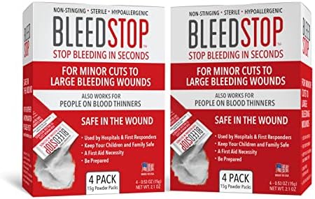 BleedStop™ First Aid Powder for Blood Clotting, Trauma Kit, Blood Thinner Patients, Camping Safety, and Survival Equipment for Moderate to Severe Bleeding Wounds or Nosebleeds (Double 4 Pack 15g) by BleedStop