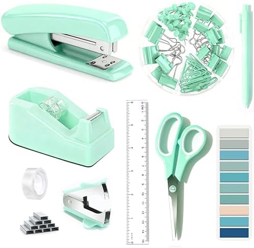 Dimonluce Green Office Supplies, Teal Desk Accessories Accessories with Tape Dispenser, Stapler, Staple Remover, 1000 Staples, Tape, Clips Set, Ruler, Scissor, Pen by Dimonluce
