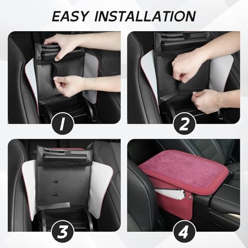 SINGARO Car Leather Center Console Cover with 2 Storage Bags, Universal Furry Fluffy Car Armrest Seat Box Pad, Comfortable Car Interior Accessories, Fits for Most Vehicles (Red) - Image 5