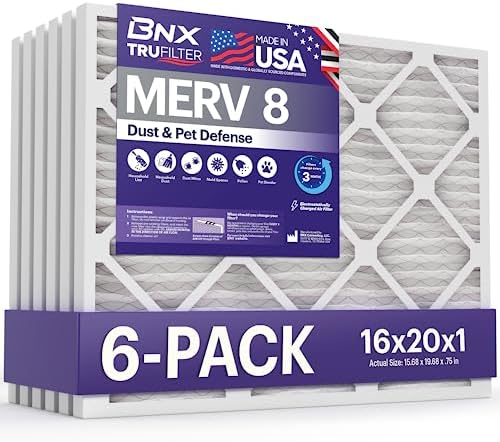 BNX TruFilter 16x20x1 Air Filter MERV 8 (6-Pack) - MADE IN USA – Dust & Pet Defense Electrostatic Pleated Air Conditioner HVAC AC Furnace Filters for Dust, Pet, Mold, Pollen MPR 600 – 700 & FPR 5 by BNX