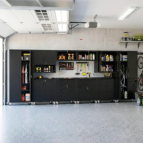 10-Piece Heavy Duty Steel Garage Cabinet System | All-in-One Modular Garage Cabinet Set for Ultimate Workshop Organization | Easy Assembly Garage Storage Cabinets & Tool Bench (Black) by VIYET