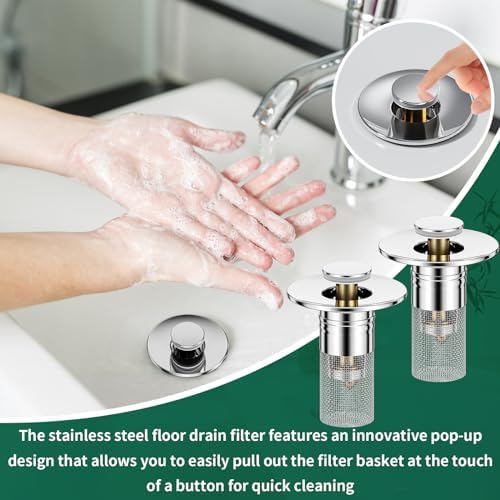 Vodolo 3 in 1 Sink Drain Strainer with Hair Catcher,2PCS Stainless Steel Popup Sink Stopper with Basket for Bathroom Kitchen Shower,Pop-up Bounce Core Floor Basin Drain Filter,Replacement Sink Plug - Image 5