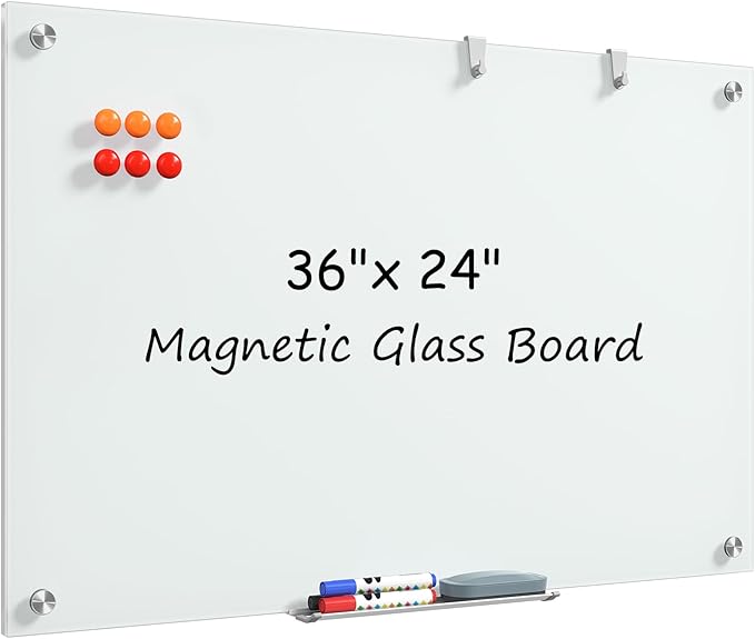 MaxGear Glass White Board 36x24 Inches, Wall Mounted Magnetic Glass Dry Erase by MaxGear