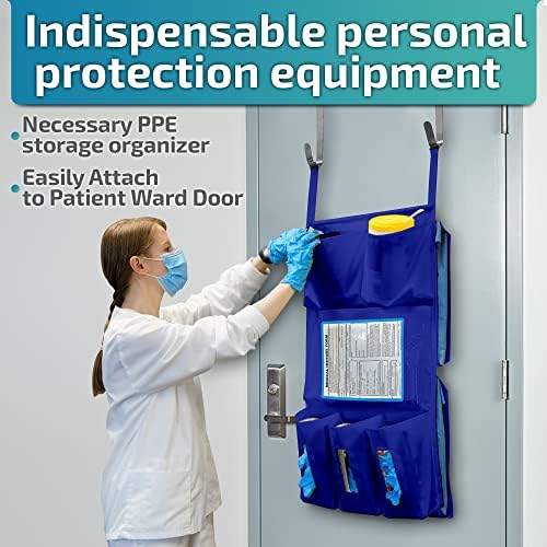 LLC Personal Protective Equipment (PPE) Isolation Door Caddy, Nylon Oxford NFPA-701 Large Scale Flame Retardant Coating 18.5 X 31 Inch, Included 2 Hooks - Blue with Back Pockets - Image 2
