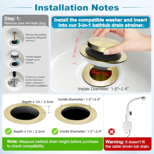 Hibbent 3 in 1 Metal Bathtub Drain Stopper, Universal Pop Up Tub Stopper - Image 4