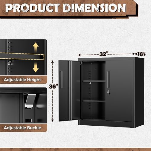 INTERGREAT Metal Storage Cabinet with Locking Doors, Lockable Steel Storage Cabinets with 2 Doors and Shelves, Black Metal Cabinets with Lock, Small Steel Cabinet for Office, Garage, Home, Shop - Image 3