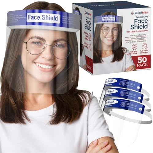 Medical Nation 50 Pack Face Shields | Clear Plastic Face Shield for Women, Men & Kids, Anti-Fog, Lightweight Reusable Full Face Shield Mask, Safety Visor Cover with Comfortable Sponge & Elastic Band by MEDICALNATION