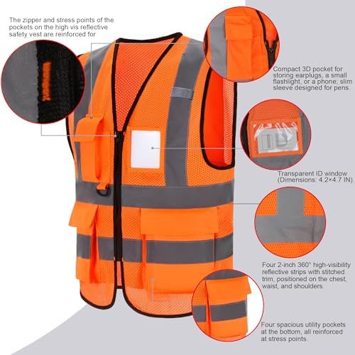 High Vis Safety Vest Reflective Strips, Multi-Pocket Design, Available in Yellow,Orange,black,Pink,blue,Red,purple - Image 2