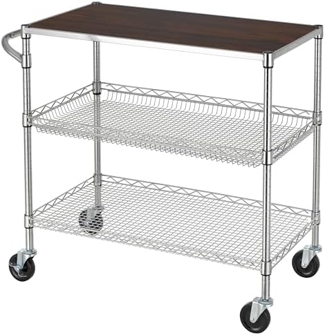Finnhomy 3 Tier Heavy Duty Commercial Grade Utility Cart with Wood Top, Wire Rolling Cart with Wheels and Handle Bar, Kitchen Carts on Wheels, 18x36x35.4 H Metal Cart with 600 LBS Capacity, Chrome by Finnhomy