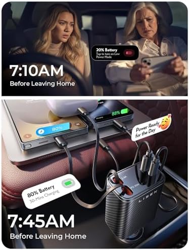 LISEN Retractable Car Charger, 84W Car Charger USB C Fast Charger Adapter, Car Accessories for Men Women, Gifts for Fathers Day for Men Dad Husband, for iPhone 17 16 15 14 13 12 Pro Max, Carbon-Black - Image 5