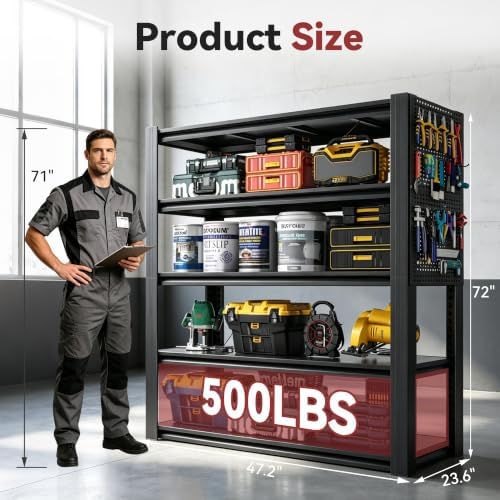 SAWJEC 47" W x 72" H x 24" D Heavy Duty Garage Shelving Unit with Pegboard - Image 2