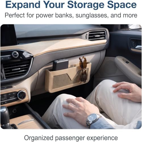 PU Leather Car Seat Gap Storage Pocket, Multifunctional Elastic Mesh Side Organizer, Self-Adhesive Anti-Scratch Car Side Storage Pouch Holds Phone Cards Receipts (Beige) - Image 4