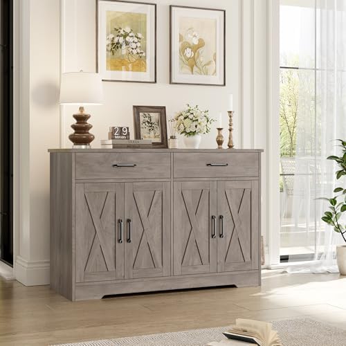 HOSTACK 47" W Kitchen Sideboard Buffet Cabinet with Storage Drawers, Grey - Image 2