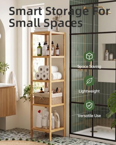 SMIBUY Bathroom Storage Shelf, 5-Tier Bamboo Rack Organizer, Multifunctional Shelving Unit for Living Room Bedroom Kitchen (Natural) - Image 3