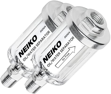 NEIKO 30252A Water and Oil Separator for Air Line 2 Pack | 1/4" NPT Inlet and Outlet, 90 PSI, Air Compressor and Air Tool Accessory | Protect Lifespan of Pneumatic Tools | Water Moisture Filter Dryer by NeikoTools