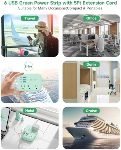 6 USB (3 USB C) Green Travel Power Strip, 5Ft Extension Cord, 3 Outlets - Image 7
