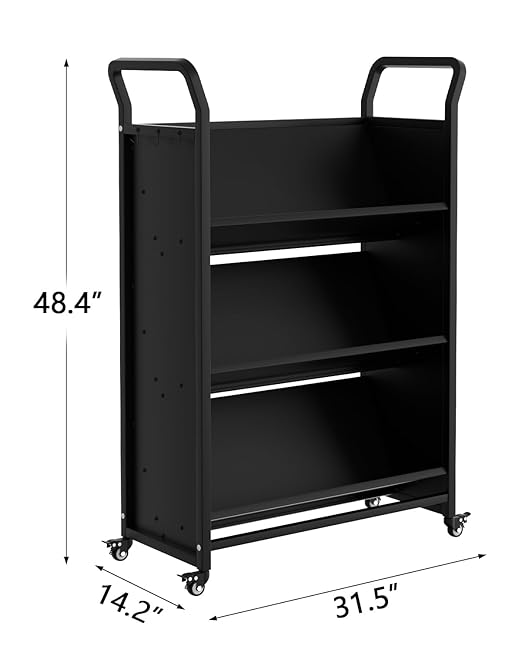 3-Tier Metal Rolling Book Cart, 4 Lockable Wheels & Side Hooks, V-Shaped Heavy - Image 2