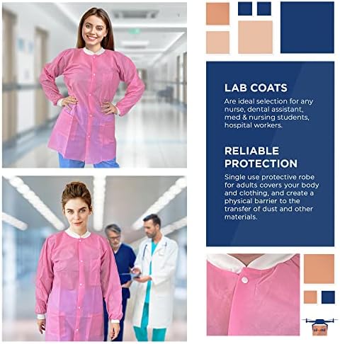 EZGOODZ Disposable Lab Coats for Adults, X-Large Pink, 45 GSM Polypropylene, Unisex Lab Coat with Snap Front, Knit Cuffs and Collar, 3 Pockets, Pack of 10 - Image 3