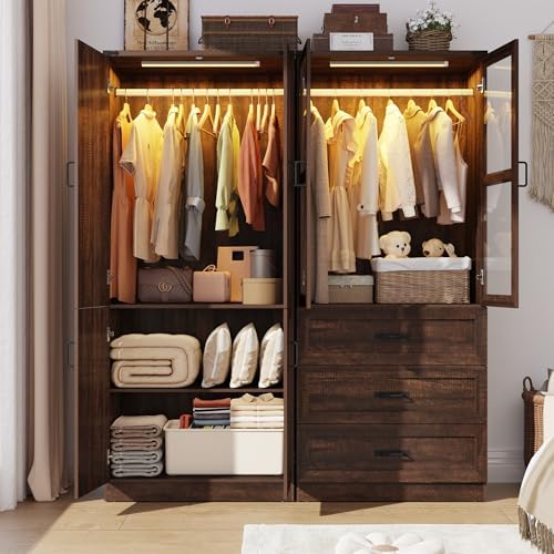 75" Tall Farmhouse 4 Doors Armoire Wardrobe Closet with 3 Drawers and LED,Freestanding Closet Wardrobe Cabinet for Bedroom with Hanging Rod,Wooden Armoire Storage Cabinet with Adjustable shelve(Brown) by Hlivelood