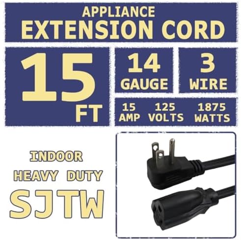 15 Ft Heavy Duty Appliance Extension Cord - 14 Gauge 3 Prong SPT-3 Cable Wire, Ideal for Air Conditioners, Refrigerators, and Major Appliances - Indoor Use, Black - Image 2