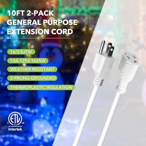 BN-LINK [2 Pack] 10ft White Outdoor Extension Cord 16/3 SJTW, 3-Prong, Weather Resistant & Flame Retardant, for Garden, Landscaping & Holiday Decorations - Image 4