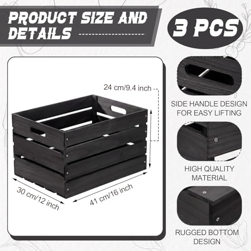 Weysat 3 Pack Large Wood Crates Box for Storage 16 Inch Unassembled Wooden Milk Crates with Handles Decorative Nesting Box for Display Unfinished Rustic Decor DIY Office Home Retail Art(Black) - Image 2