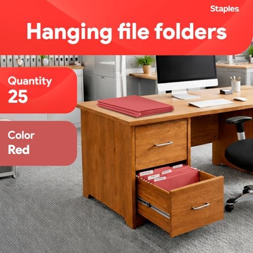 Staples Hanging File Folders, Letter Size, Red, 1/5-Cut Tabs, 25/Pk - Image 2