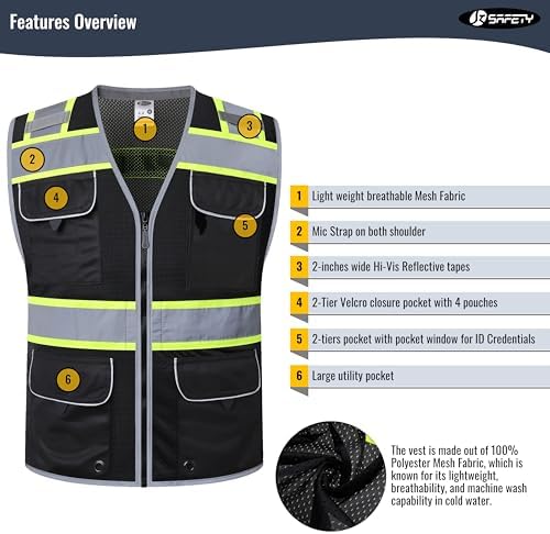 JKSafety Hi-Vis Unisex Surveyor Safety Vest Heavy Duty PPE Inner Pockets ANSI/ISEA Compliant - Image 3
