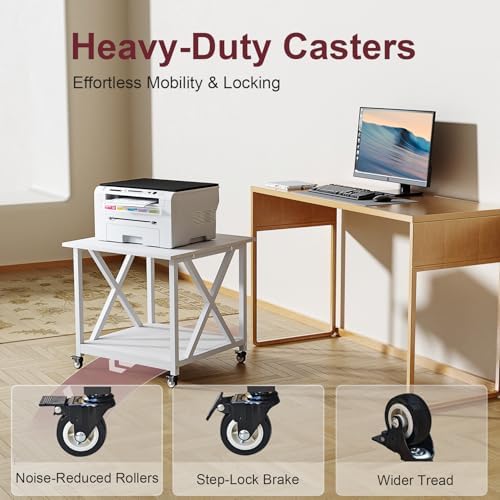 2 Tier White Printer Stand, 23.6 x 23.6 Inches Large Printer Table with Storage Shelf, Rolling Printer Cart with Wheels, Mobile Table for Home Office (White) - Image 3